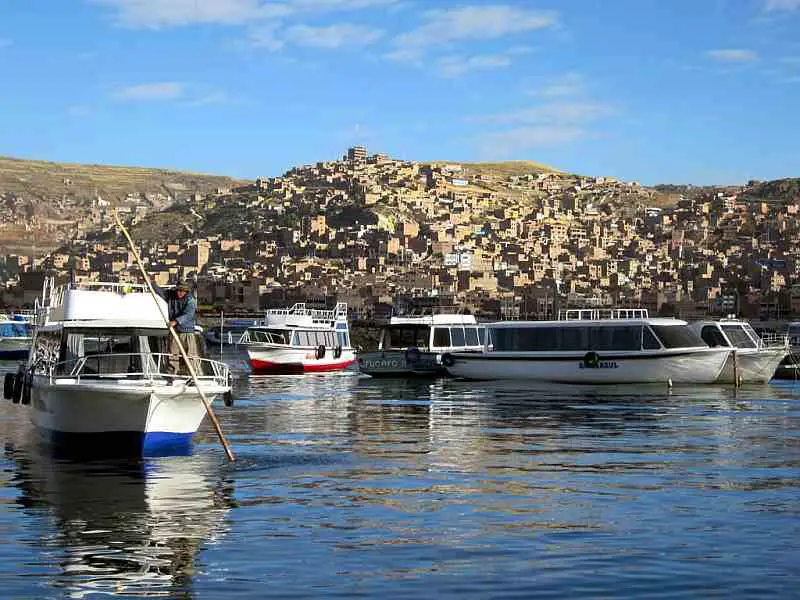 Excursion boats on Lake Titicaca at Puno, Peru.